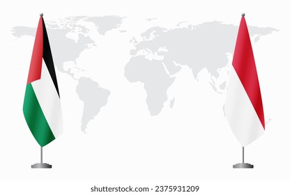 Palestine and Monaco flags for official meeting against background of world map.