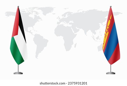 Palestine and Mongolia flags for official meeting against background of world map.