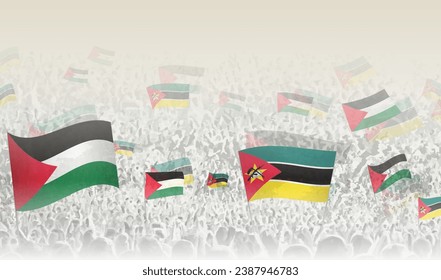 Palestine and Mozambique flags in a crowd of cheering people. Crowd of people with flags. Vector illustration.