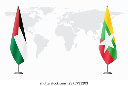 Palestine and Myanmar flags for official meeting against background of world map.