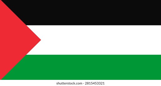 Palestine national flag vector illustration, official Palestinian flag with black, white, green horizontal stripes and red triangle on the hoist side.