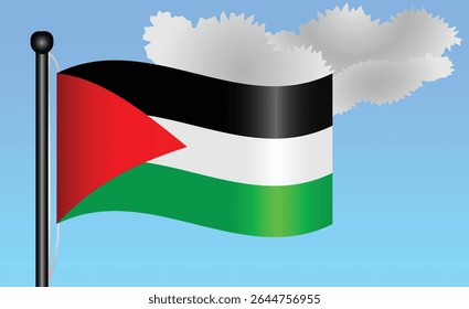 Palestine national flag waving against a bright blue sky. representing national pride, unity, and heritage in Middle East with its vibrant colors and iconic design. Patriotic symbol of identity