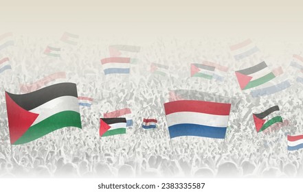 Palestine and Netherlands flags in a crowd of cheering people. Crowd of people with flags. Vector illustration.