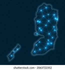 Palestine network map. Abstract geometric map of the country. Digital connections and telecommunication design. Glowing internet network. Attractive vector illustration.