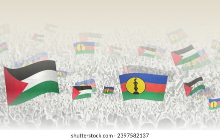 Palestine and New Caledonia flags in a crowd of cheering people. Crowd of people with flags. Vector illustration.