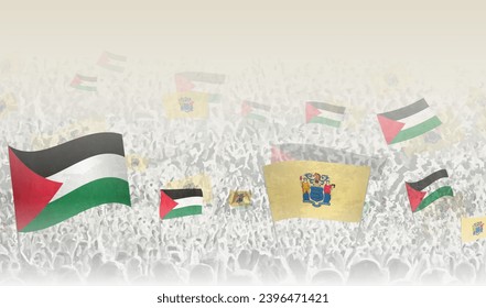 Palestine and New Jersey flags in a crowd of cheering people. Crowd of people with flags. Vector illustration.
