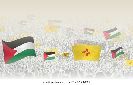 Banderas de Palestina y Nuevo México en una multitud de gente que vitorea. Multitud de personas con banderas. Ilustración vectorial.