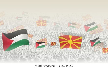 Palestine and North Macedonia flags in a crowd of cheering people. Crowd of people with flags. Vector illustration.