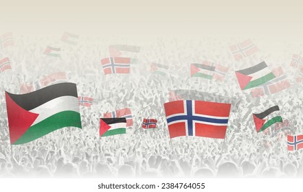 Palestine and Norway flags in a crowd of cheering people. Crowd of people with flags. Vector illustration.