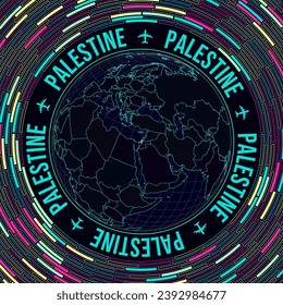 Palestine on globe. Satellite view of the world centered on Palestine. Bright neon style. Futuristic radial bricks background. Neat vector illustration.