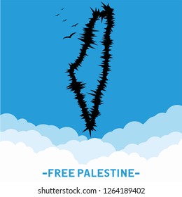 Palestine outline thorn barbwire stroke. Free Palestine concept on blue background