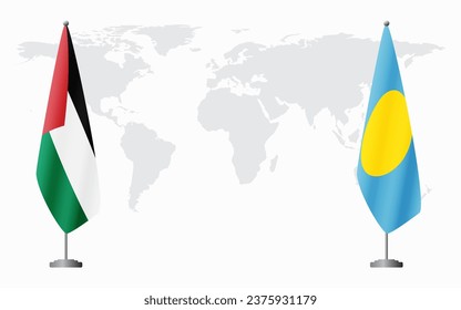 Palestine and Palau flags for official meeting against background of world map.