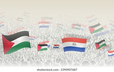 Palestine and Paraguay flags in a crowd of cheering people. Crowd of people with flags. Vector illustration.