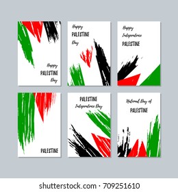 Palestine Patriotic Cards for National Day. Expressive Brush Stroke in National Flag Colors on white card background. Palestine Patriotic Vector Greeting Card.