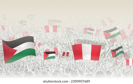 Palestine and Peru flags in a crowd of cheering people. Crowd of people with flags. Vector illustration.