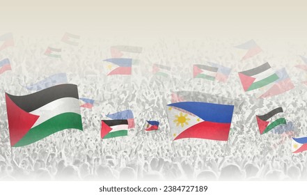 Palestine and Philippines flags in a crowd of cheering people. Crowd of people with flags. Vector illustration.