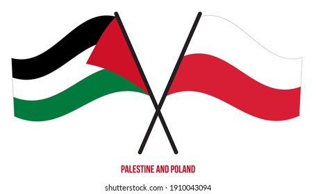 Palestine and Poland Flags Crossed And Waving Flat Style. Official Proportion. Correct Colors.