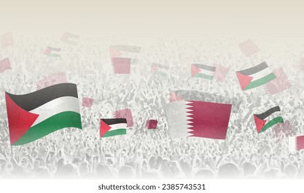Banderas de Palestina y Qatar en una multitud de gente que vitorea. Multitud de personas con banderas. Ilustración vectorial.