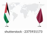 Palestine and Qatar flags for official meeting against background of world map.