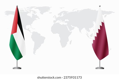 Palestine and Qatar flags for official meeting against background of world map.