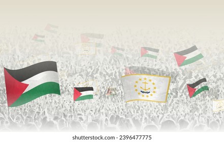 Palestine and Rhode Island flags in a crowd of cheering people. Crowd of people with flags. Vector illustration.