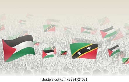 Palestine and Saint Kitts and Nevis flags in a crowd of cheering people. Crowd of people with flags. Vector illustration.