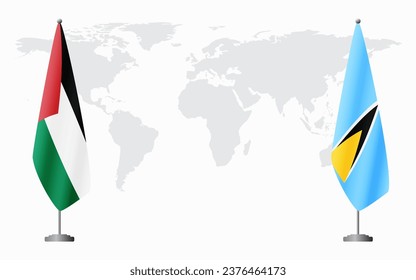 Palestine and Saint Lucia flags for official meeting against background of world map.