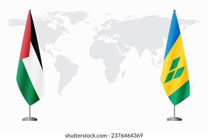 Palestine and Saint Vincent and the Grenadines flags for official meeting against background of world map.