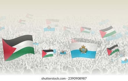 Palestine and San Marino flags in a crowd of cheering people. Crowd of people with flags. Vector illustration.