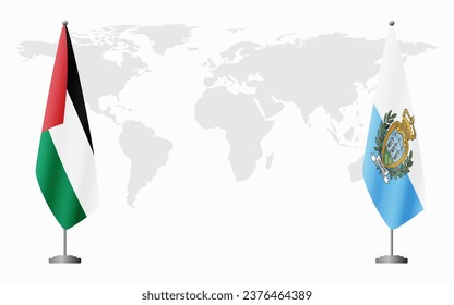 Palestine and San Marino flags for official meeting against background of world map.