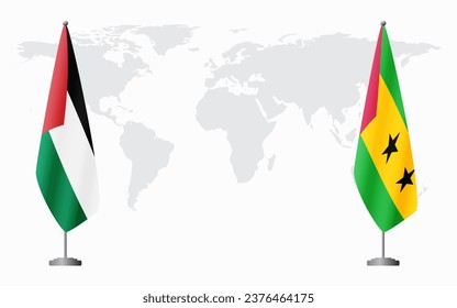 Palestine and Sao Tome and Principe flags for official meeting against background of world map.