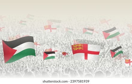 Palestine and Sark flags in a crowd of cheering people. Crowd of people with flags. Vector illustration.