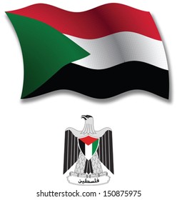 palestine shadowed textured wavy flag and coat of arms against white background, vector art illustration, image contains transparency transparency