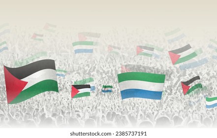 Palestine and Sierra Leone flags in a crowd of cheering people. Crowd of people with flags. Vector illustration.