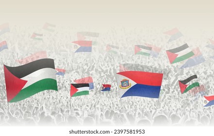 Palestine and Sint Maarten flags in a crowd of cheering people. Crowd of people with flags. Vector illustration.
