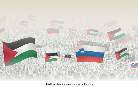 Palestine and Slovenia flags in a crowd of cheering people. Crowd of people with flags. Vector illustration.