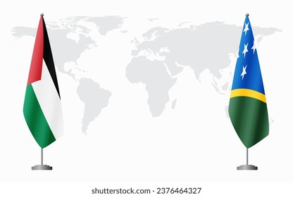 Palestine and Solomon Islands flags for official meeting against background of world map.