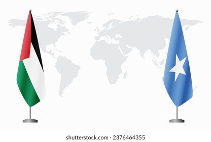 Palestine and Somalia flags for official meeting against background of world map.