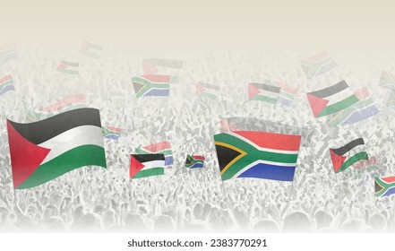 Palestine and South Africa flags in a crowd of cheering people. Crowd of people with flags. Vector illustration.