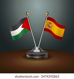 Palestine and Spain flag together. Small table flag with color gradient background
