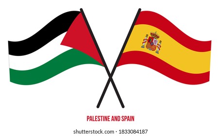 Banderas de Palestina y España cruzadas y ondeando estilo plano. Proporción oficial. Colores correctos.