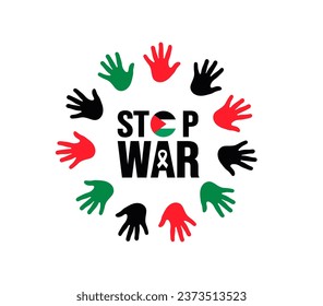 Palestine stop war typography concept background design template with Palestine national flag.