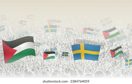 Palästina und Schweden fliegen in einer Menge jubelnder Menschen. Menschenmenge mit Flaggen. Vektorgrafik.
