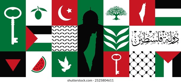 The Palestine symbol banner design with flag and map , Flag color theme geometric pattern retro modern Illustration design , Red , green and Black color template.