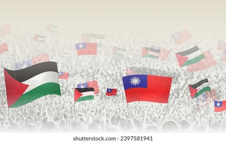 Palestine and Taiwan flags in a crowd of cheering people. Crowd of people with flags. Vector illustration.