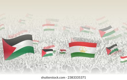 Palestine and Tajikistan flags in a crowd of cheering people. Crowd of people with flags. Vector illustration.
