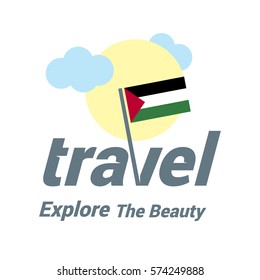 Palestine  Travel Country Flag Logo. Explore the The Beauty lettering with Sun and Clouds and creative waving flag. travel company logo design - vector illustration - Shutterstock ID 574249888
