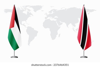 Palestine and Trinidad and Tobago flags for official meeting against background of world map.