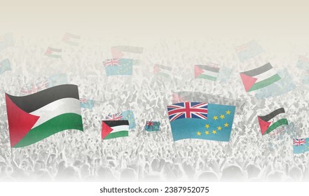 Palestine and Tuvalu flags in a crowd of cheering people. Crowd of people with flags. Vector illustration.
