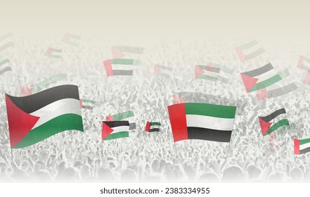 Palestine and United Arab Emirates flags in a crowd of cheering people. Crowd of people with flags. Vector illustration.